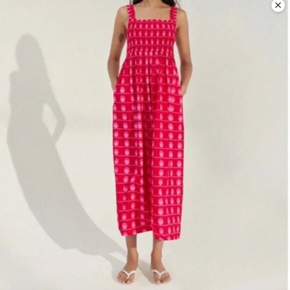 Zara Cotton Printed Midi Dress Smocking Poplin Pink - Picture 2 of 3